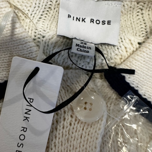 NWT Pink Rose Preppy Cream & Navy  Cable Knit Collared Cardigan. Ribbed Hem XS. - Picture 5 of 15